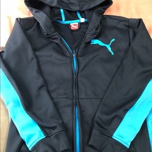 Puma hoodie and pink LL Bean fleece lined shirt